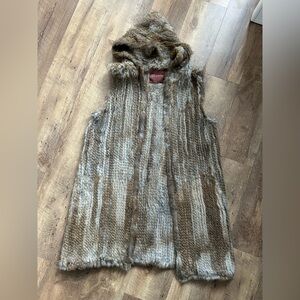 100% Rabbit Fur Hooded Vest in Brown and Gray